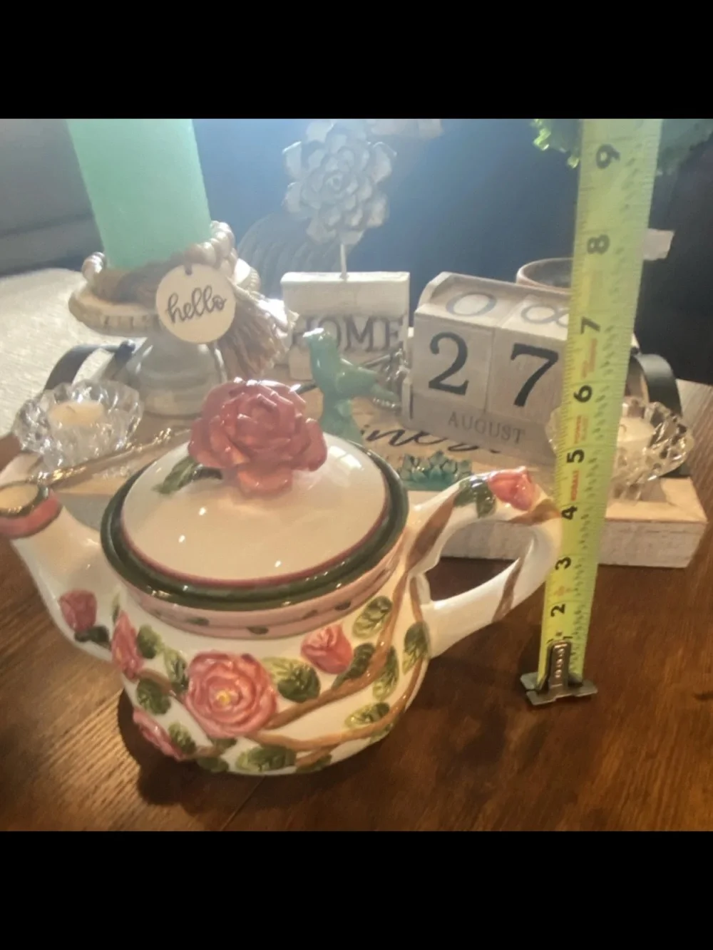 Hand-Painted Rose Ceramic/Porcelain Teapot in Pink and Green